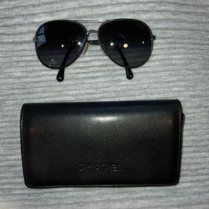 Chanel authentic metal and black leather Aviator sunglasses